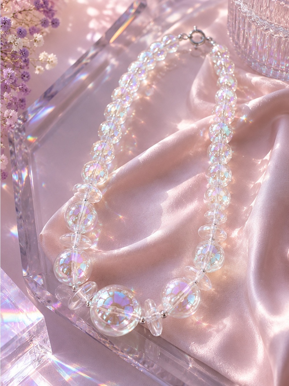 Vintage Iridescent Clear bubble Beaded Necklace